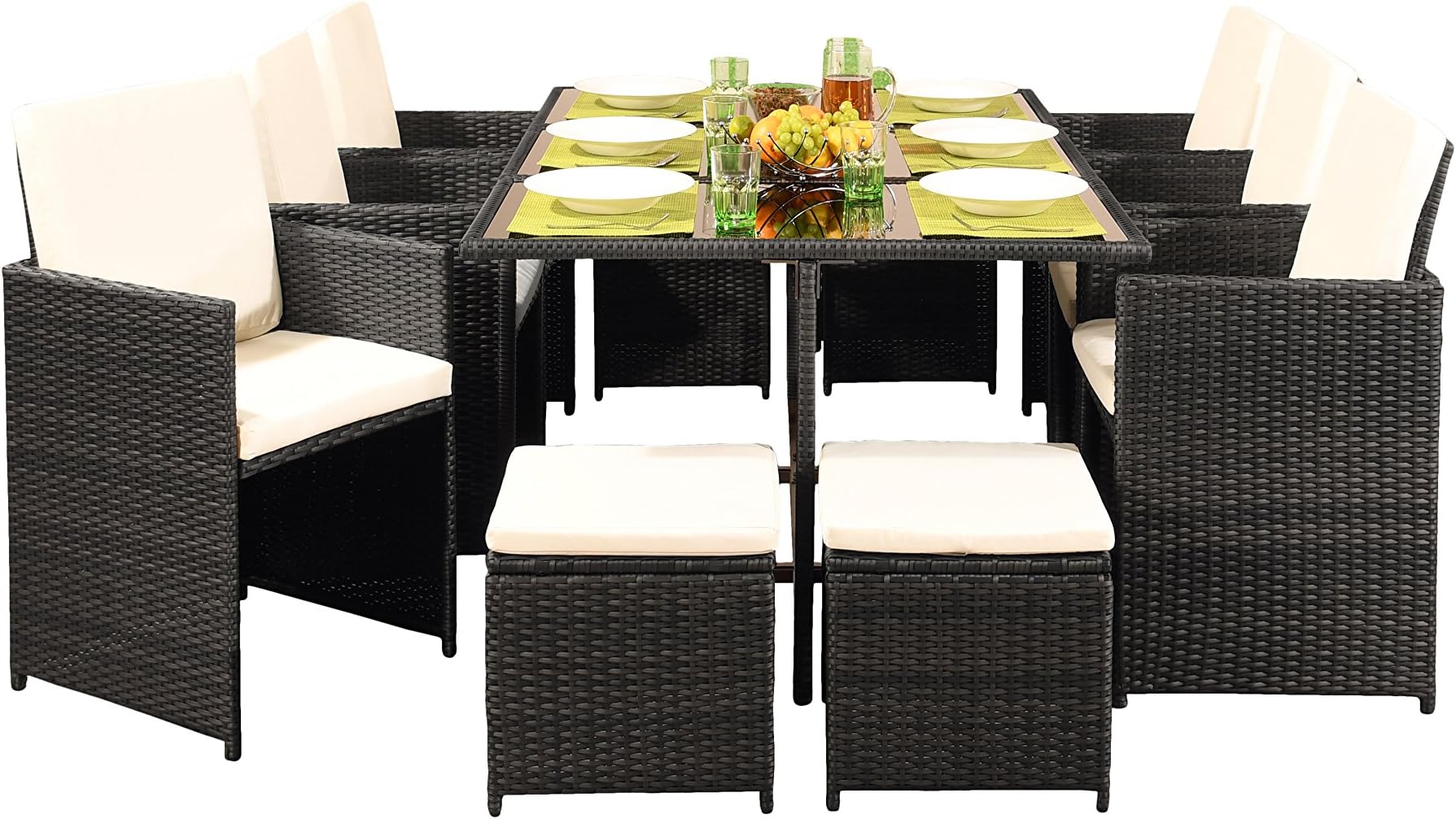 Comfy Living 10 Seater Rattan Outdoor Garden Furniture Set - 6 Chairs 4 Stools & Dining Table (Without Cover, Dark Grey)