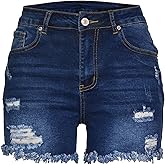 Aodrusa Jean Shorts Womens High Waisted Stretchy Mom Two Buttons Frayed Raw Hem Ripped Denim Shorts Distressed
