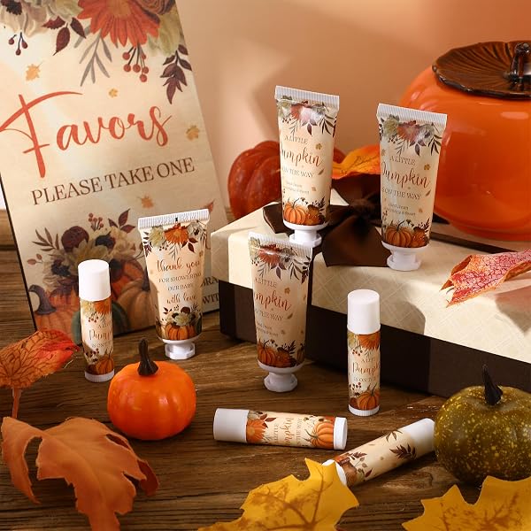 DANSIB 30 SET GENDER REVEAL GIFTS FOR GUESTS 30 PCS PUMPKIN BABY SHOWER HAND CREAM AND 30 PCS LIP BALM WITH 1 WOODEN STAND BABY SHOWER PRIZES PARTY FAVORS FOR GUESTS FOR GENDER REVEAL SOUVENIRS