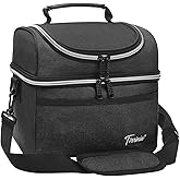 Tirrinia Reusable Lunch Box for Men Women, Insulated Lunch Bag Adult Work, Double Decker Leakproof Lunchbox for Office Picnic Beach—Dual Compartment Lunch Cooler Bag,Black