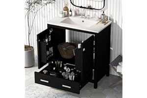 Linique 30" Modern Bathroom Vanity with Sink Combo Set, Solid Wood Frame Bathroom Storage Cabinet with 2 Soft Closing Doors and a Drawer, Multifunctional Storage, Black