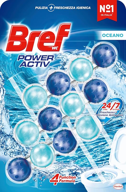 Power Activ Ocean (3 unidades), limpador de casa de banho com fórmula 4 em 1, cesto higiénico e protetor para sanita, com aroma Ocean, limpador de casa de banho anti-calcário, proteção 24 horas