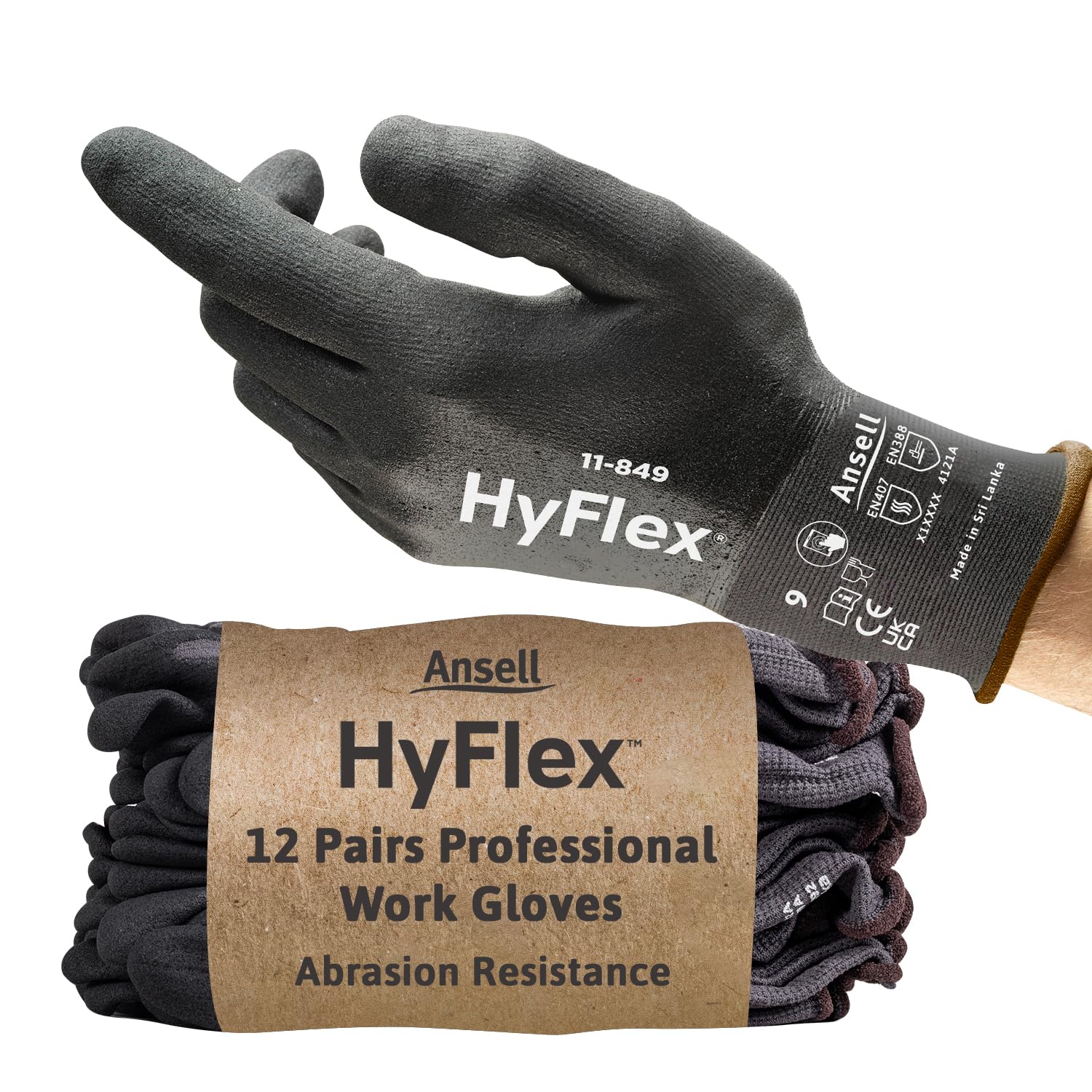 Ansell HyFlex 11-849 Glove, Industrial, Nitrile Foam, Size XL, Black (12 Pairs)