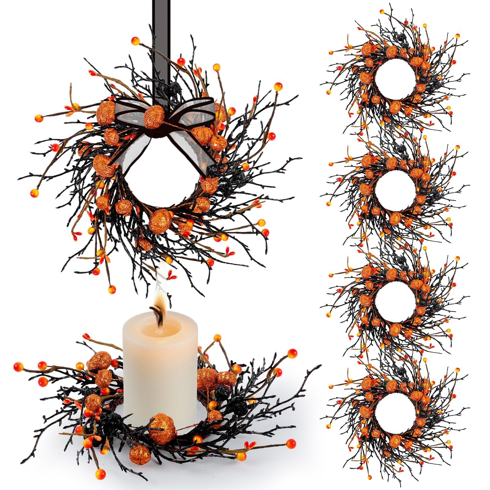 Photo 1 of 6 PCS Halloween Candle Rings Wreaths Black Orange Berries & Pumpkin Candle Rings Mini Wreath 3.5 Inch Center for Pillar Candle Halloween Fall Thanksgiving Party Home Table Indoor Decorations