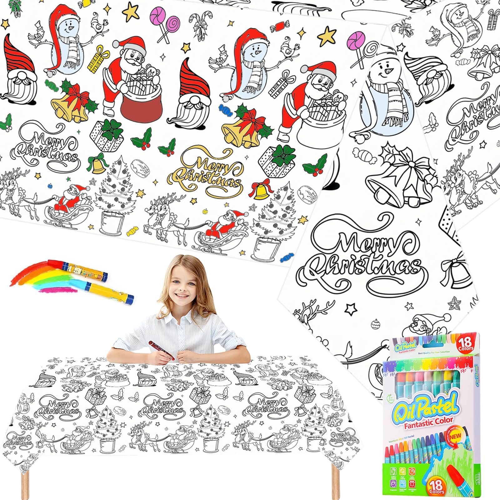 Christmas Giant Colouring Table Cloths for,Xmas Party Tablecloth Colouring Poster with 18 Paint Pens,54x108inch Colour In Table Cloth Drawing Paper Roll Table Cover Colouring Sheet for Party