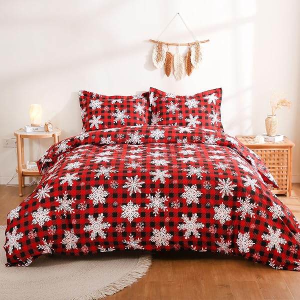 JSD RED BUFFALO PLAID SNOWFLAKES CHRISTMAS WINTER DUVET COVER SET QUEEN SIZE
