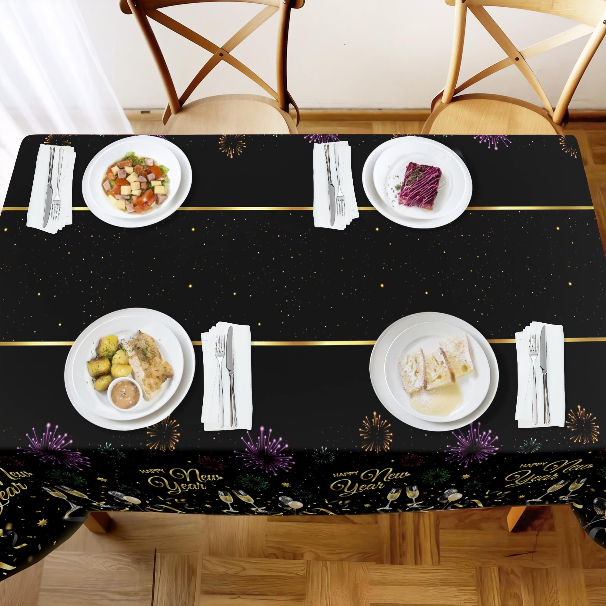Childom 2 Pack Happy New Year Tablecloths,Happy New Years Decorations 2026,Disposable Rectangular Tablecloths Plastic 54