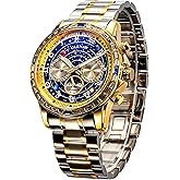 Glenaw automatic watches for men-Men's Mechanical Watch Rotatable Dial with Celestial Star, Day Date Month Moon Phase Display,Self-Winding Watch, Luminous Hands, Stainless Steel Bracelet, 30M Water Resistant for Dress Casual
