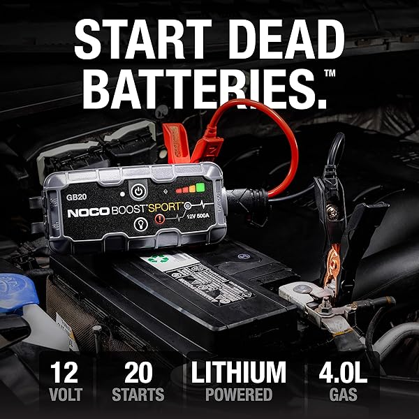 NOCO BOOST GB20: 500A ULTRASAFE JUMP STARTER – 12V LITHIUM BATTERY BOOSTER PACK, PORTABLE JUMP BOX, POWER BANK & JUMPER CABLES – FOR 4.0L GAS ENGINES