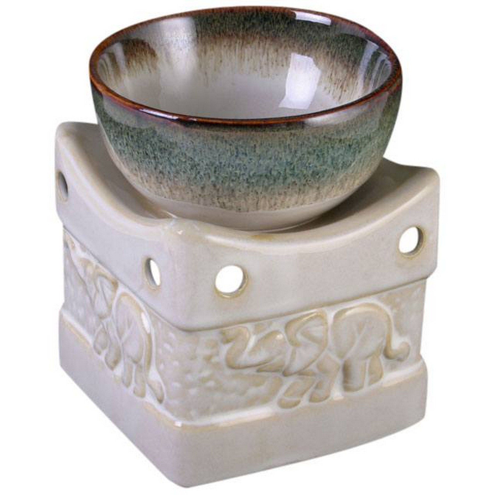 Glazed Ceramic Elephant Oil Burner - 10.5cm x 9cm (1 Pc) - Two Tone Cream & Green Effect - Perfect for Aromatherapy and Home Decor