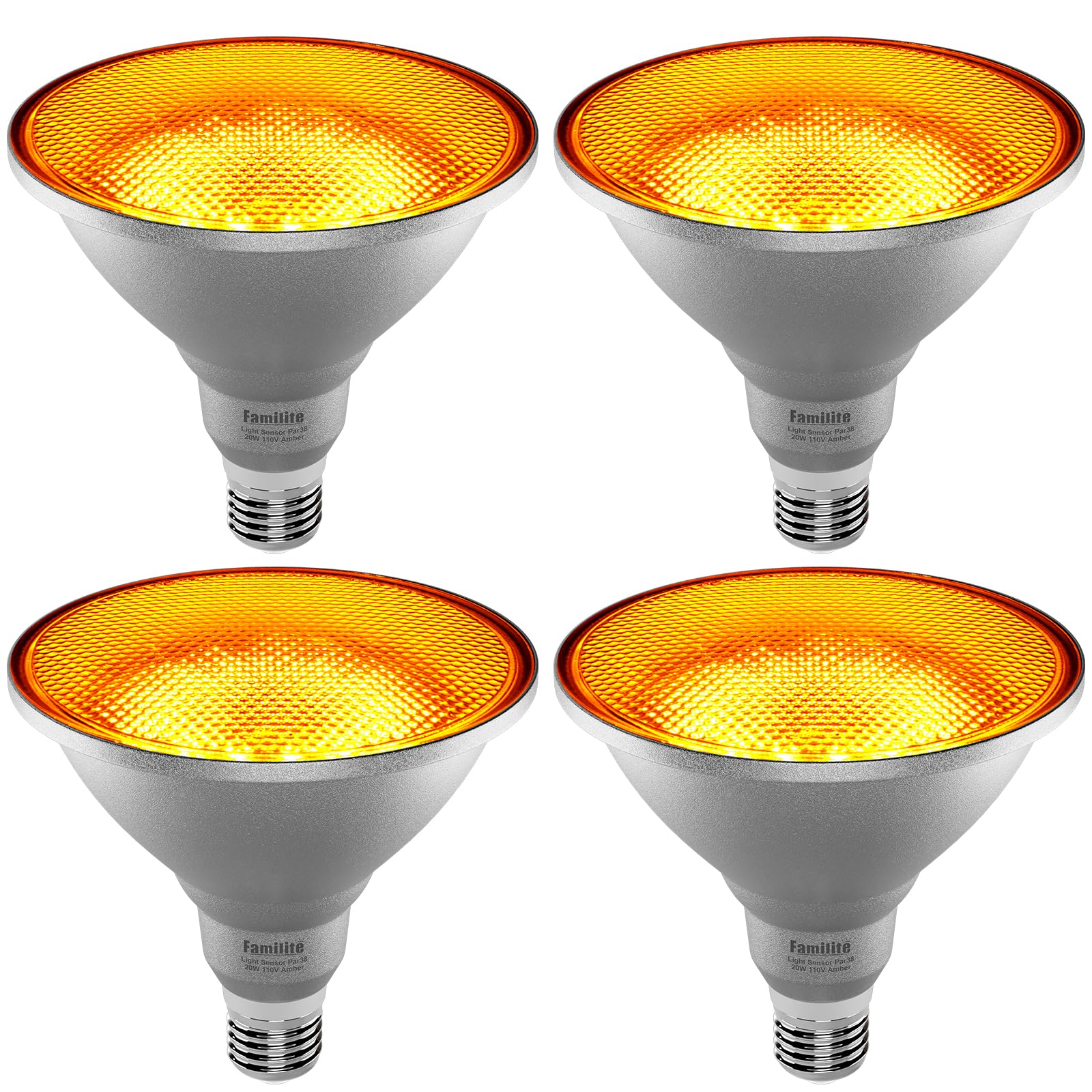 Photo 1 of Familite LED Bug Light Bulbs, 1900K Yellow Outdoor PAR38 Flood Lights, Dusk to Dawn Auto On/Off Porch Lights, IP65 Waterproof, Replace up to 100W for Garage Hallway Yard Porch, 4 Pack