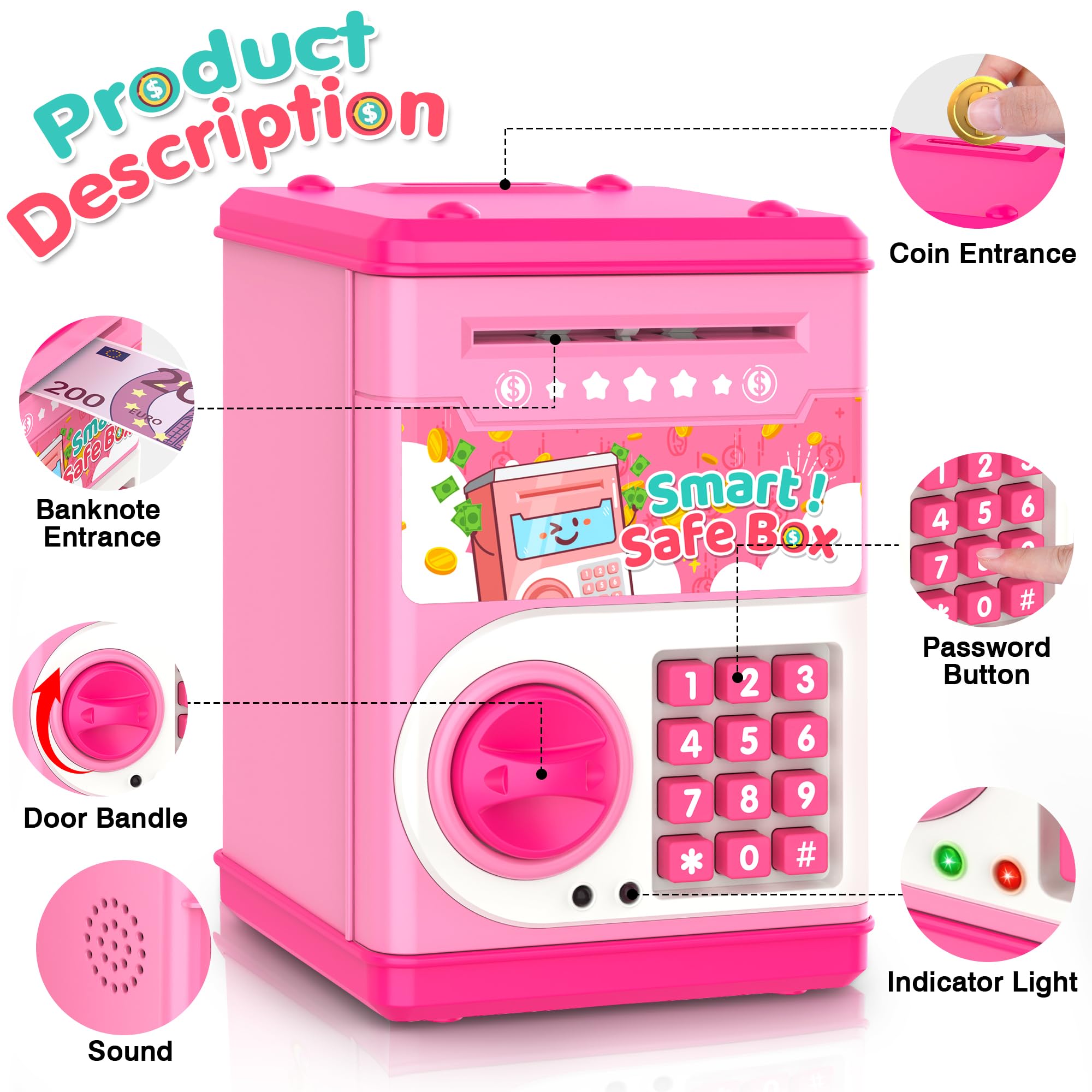 Pink Piggy Bank for Kids with Password Code Lock and Auto Grab Bill Slot, PhilaeEC Real Money Cash Coin Can Saving Box Electronic Money Safe Bank, Hot Gift for 4 7 8 9 10 11 Year Old Boys Girls