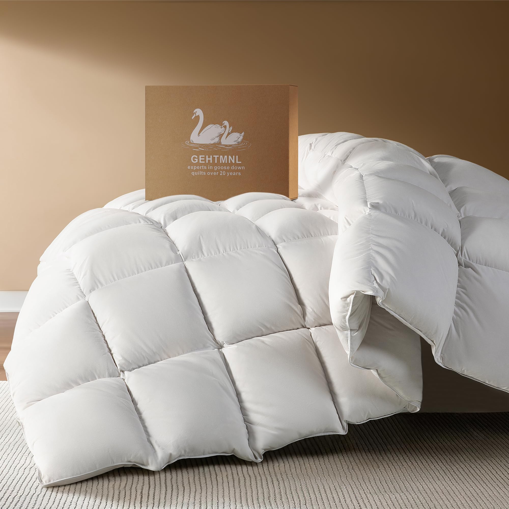 Photo 1 of Gehtmnl Goose Down Fiber Comforter King Size – All Season Naturally Breathable Down Comforters, Luxury Hotel Collection Duvet Insert with 8 Corner Tabs, Cotton Fabric & Baffle Box (White,65oz Fill)