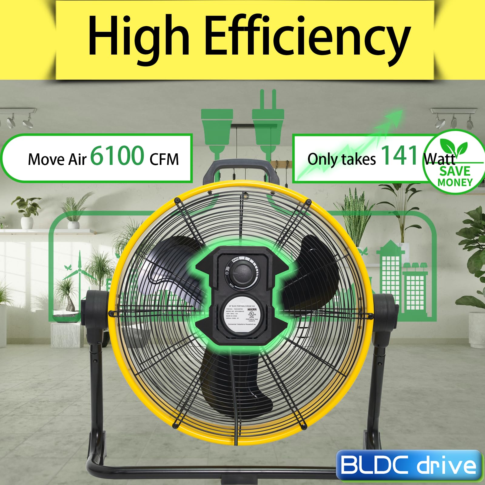 HiCFM 20 inch DC Motor Drum Fan, 6100 CFM High-velocity Air Circulator with 180-degree Pivoting Head 3-speed 1/12 HP Motor Large Airflow Turbo Shop Floor Fan - UL Listed