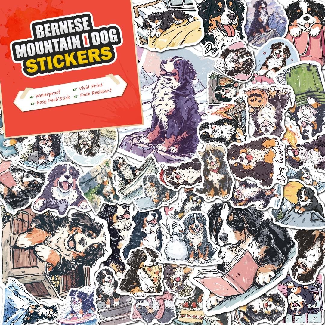 100 PCS Bernese Mountain Dog Stickers Pack – Waterproof Dog Decals for Water Bottles, Laptops, Phones, Notebook, Cars – Cool Vibrant Graphics for Bernese Mountain Dog Enthusiast