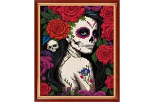Dimensean Stamped Cross Stitch Kits Full Range of Embroidery Patterns Starter Kits for Beginners Adult or Kids DIY Cross Stitches Needlepoint Kits 11CT-Flower Skeleton Girl 15.7x19.7 inch