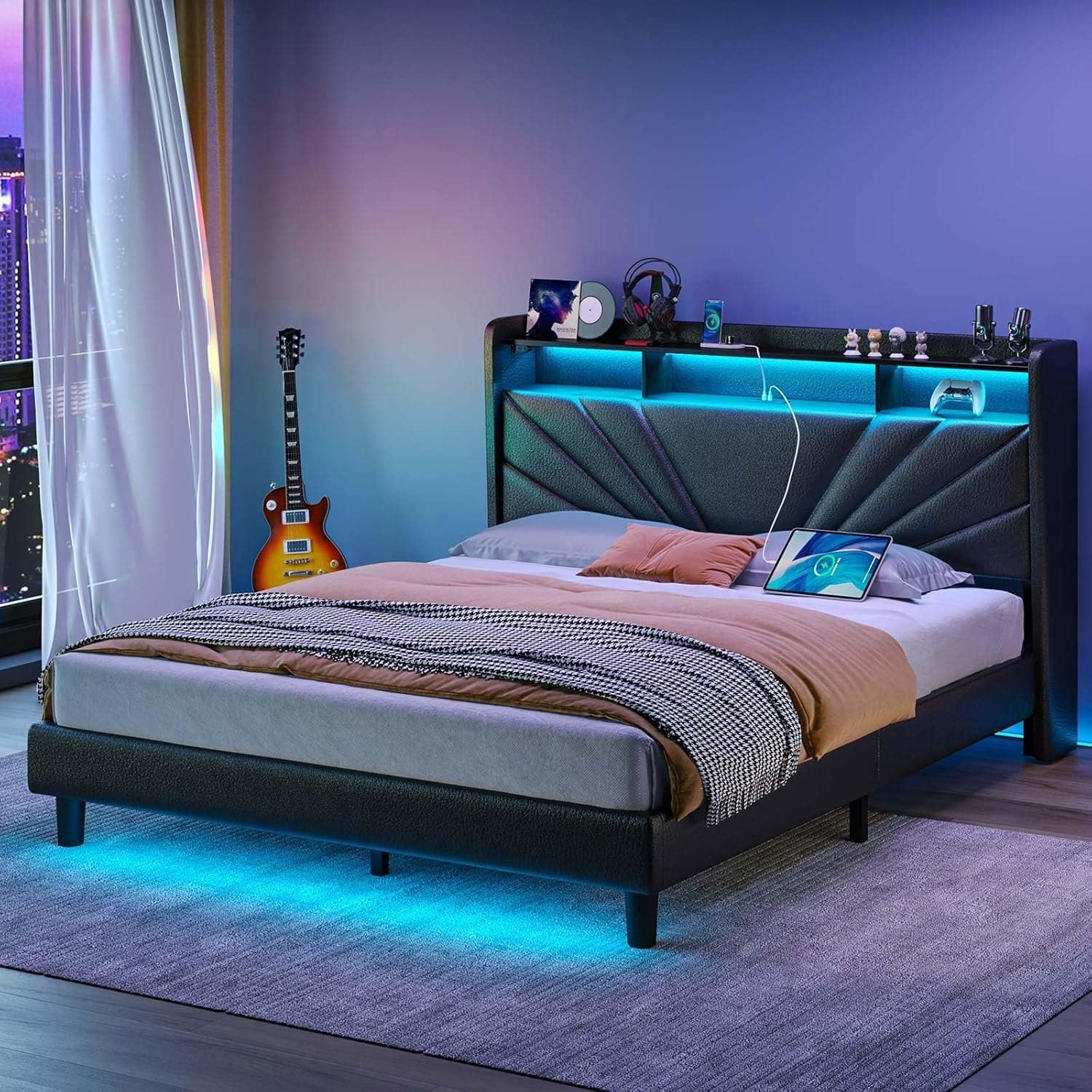 Rolanstar Queen Size Bed Frame, Storage Headboard with Charging Station and LED Lights, Upholstered Bed with Heavy Duty Wood Slats, No Box Spring Needed, Noise Free, Easy Assembly, Black Image