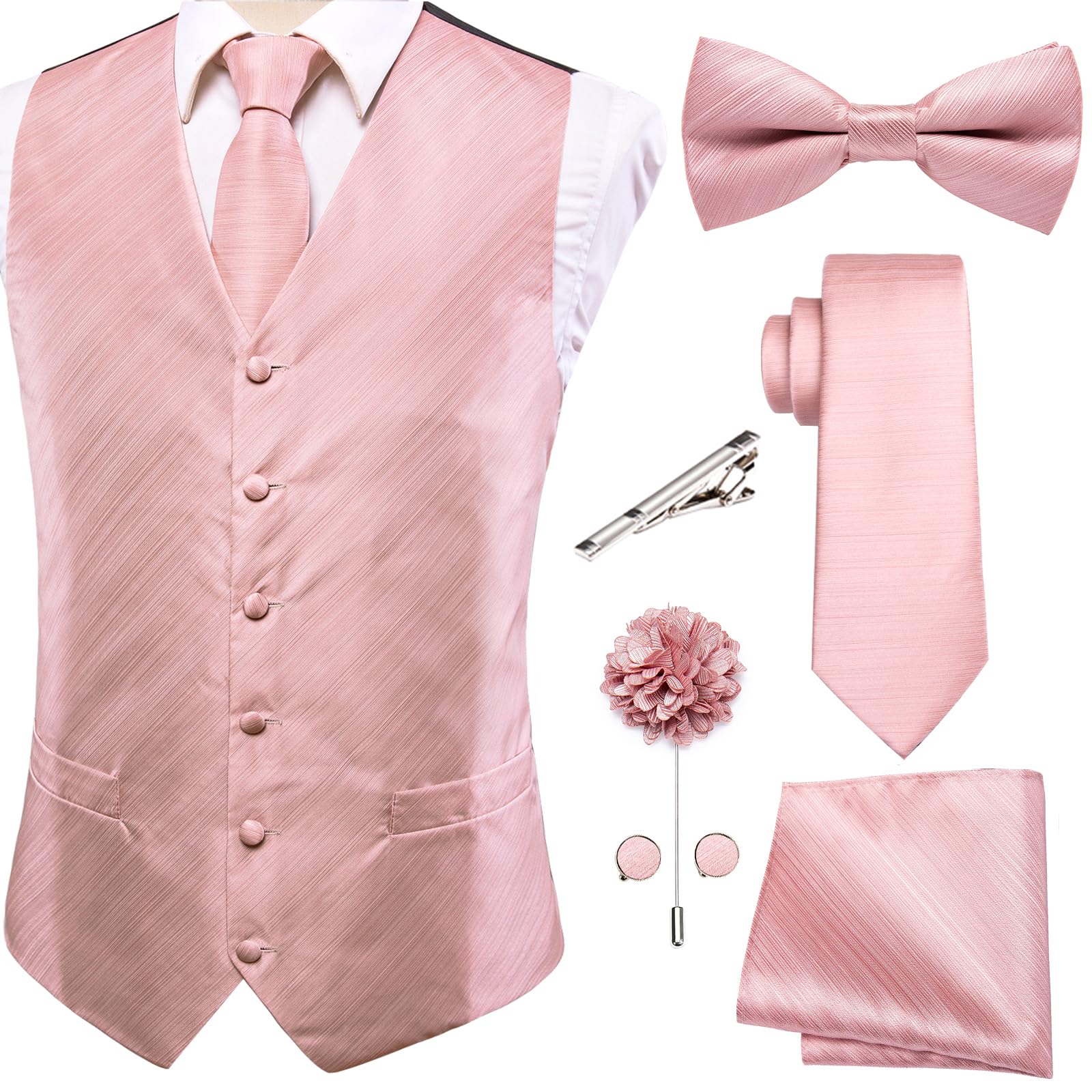 Hi-Tie Blush Pink Men Silk Vest Bowtie Set Suit