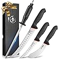 Golden Bird Butcher Knife Set - 4 Piece Professional BBQ Knife Set Include 6" Boning, 6" Skinning, 10" Butcher Breaking Knives & 8" Sharpener Rod