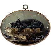 kdqua Dark Academia Black Cat Book Oval Wall Art Decor, Gothic Antique Bookish Canvas Artwork Framed, Moody Goth Witchy Cat Wall Hanging Decorations for Home Library Reading Room, 11.4x8.6 Inch
