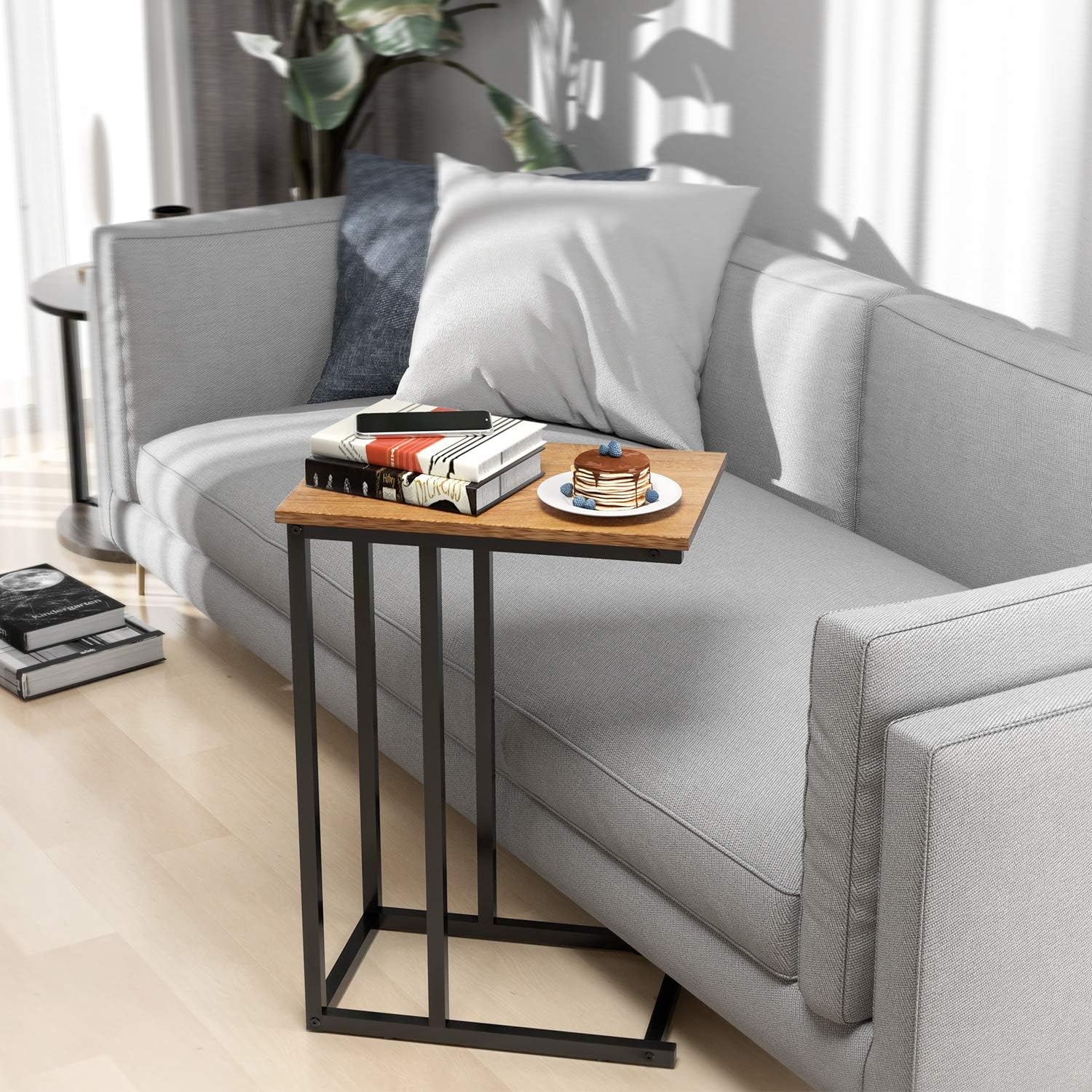 End Table, Durable Side Table C-Shaped Modern Sofa Table Wood Table Coffee Table Snack Table for Sofa, Couch, Bed in Living Room, Bedroom and Other Small Place, Walnut: Kitchen & Dining