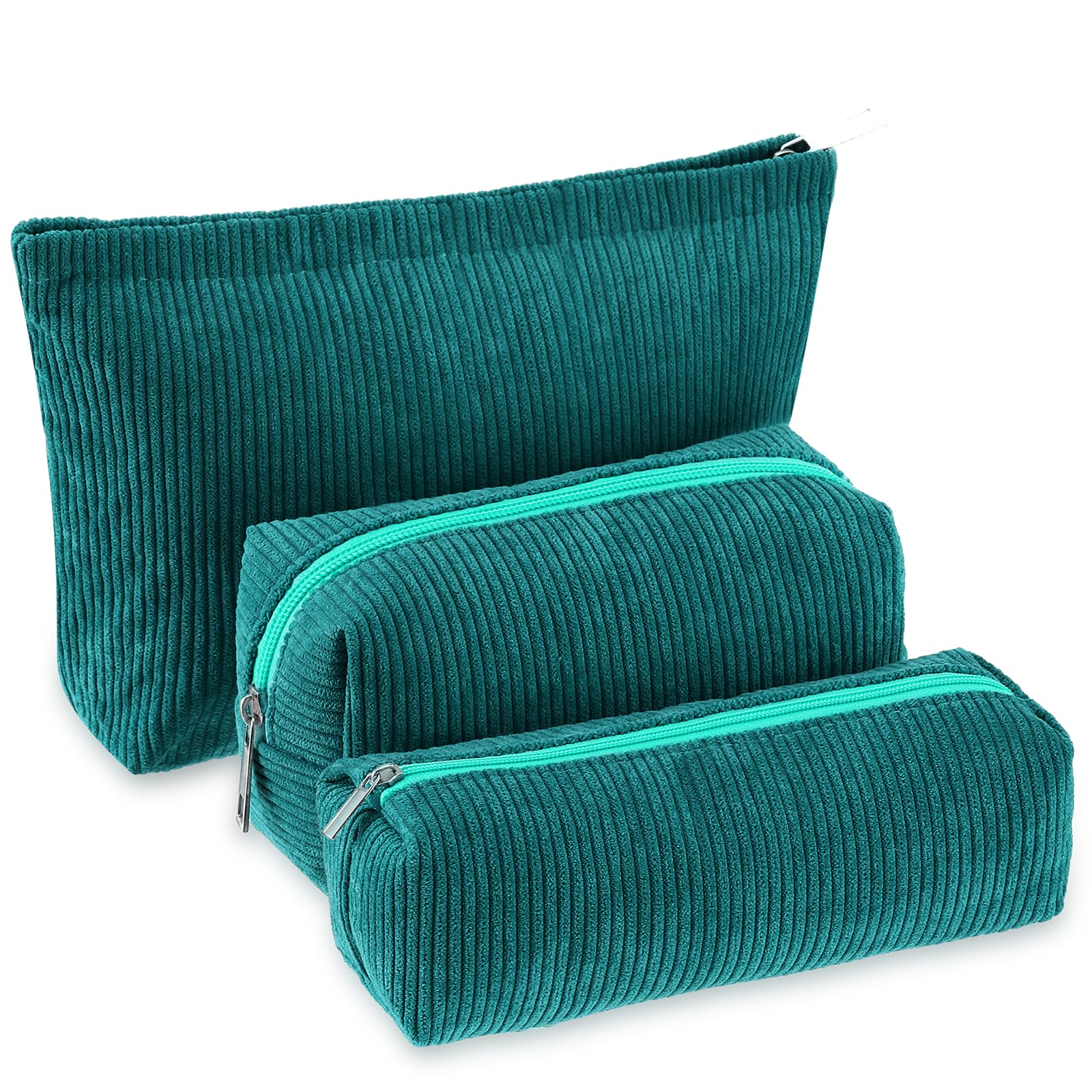 Photo 1 of Huhumy 3 Pcs Makeup Bag Set for Women Corduroy Cosmetic Pouch Aesthetic Smile Travel Toiletry Bag Cute Purse Pouch Pencil Case Makeup Brushes Storage Organizer with Zipper(Dark Green,Solid Style)