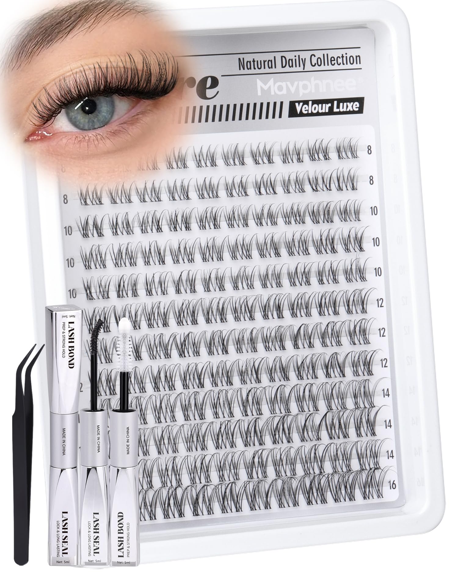 Photo 1 of ***MISSING LASHES*** Clear Band Lash Clusters Kit Natural Cluster Eyelash Extensions Kit Wispy Individual Lashes CC-Curly Cluster Lashes Venus Eyelash Clusters Lash Bond and Seal Easy DIY Lash Kit (Velure, 8-16MM)