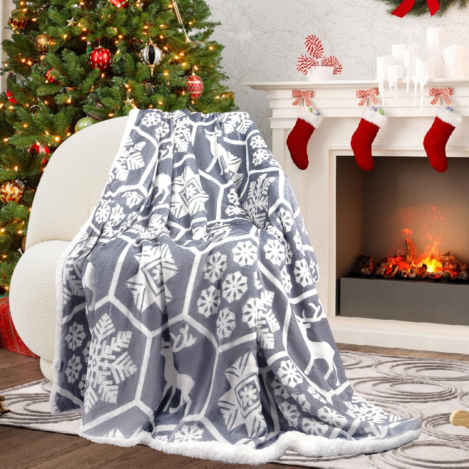 Gigquake Christmas Blankets Throws Grey- Extra Large Christmas Sherpa Waffle Fleece Blanket 150x200cm- Xmas King Size Snowflake Throws Sofa- Winter Plush Blanket Cosy Flannel Kids Couple for Bed