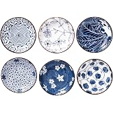 Japanese Style Ceramic Dipping Bowls,4'' Side Dishes Soy Sauce Dish for Sushi Dip,Snack,3 Oz Small Blue and White Pinch Bowl for Kitchen Prep - Set of 6 (4 inch)