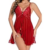 Falagasa Sexy Women Lingerie Front Closure Lace Chemise V Neck Ruffle Sheer Mesh Babydoll