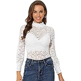 Allegra K Women's Lace Top Long Sleeve Smocked Mock Neck See Through Sheer Top Blouse