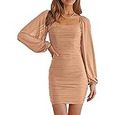 MASCOMODA Women Elegant Square Neck Lantern Long Sleeve Mini Ruched Bodycon Dress Stretch Mesh Slim Party Cocktail Dresses