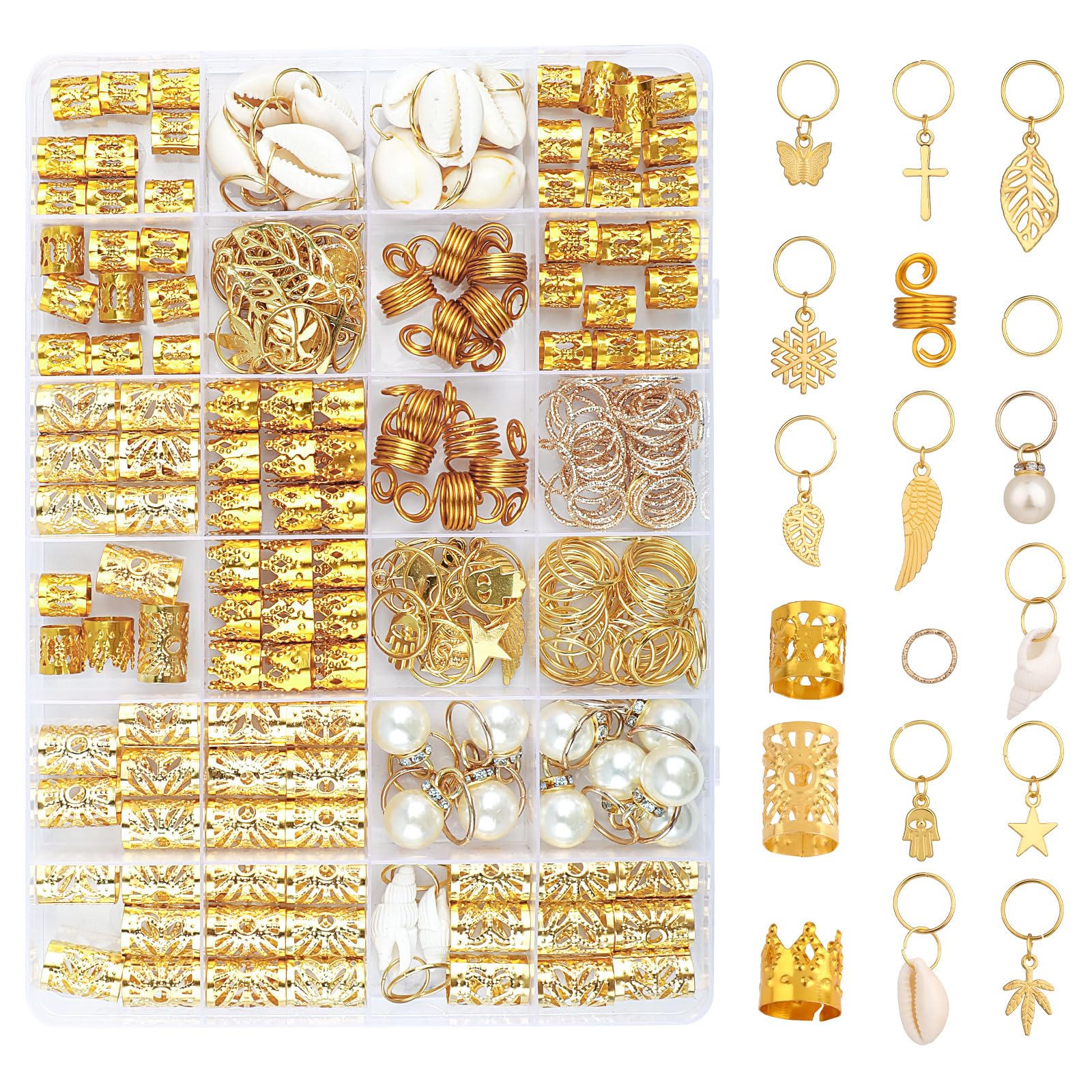 WLLHYF 230 Pcs Hair Jewelry for Braids Loc Hair Dreadlock Metal Hairs Coils Rings Cuffs Clips Gold Hairs Charms Pendants Christmas Styling Accessories Decorations for Women Girls