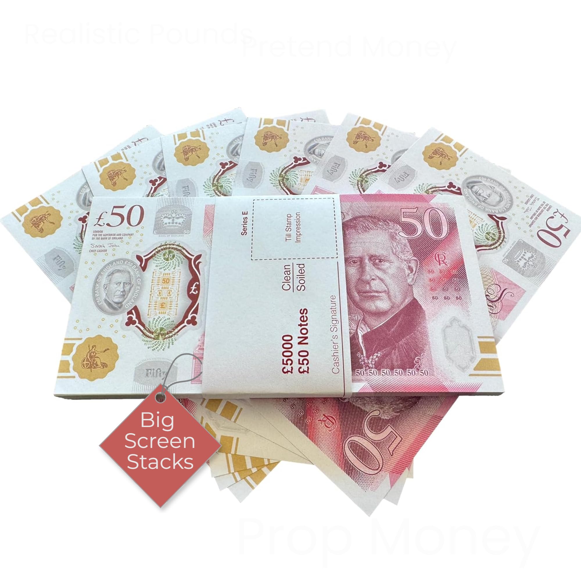 BIG SCREEN STACKS Prop Money UK – 100 Fake £50 King Charles Notes for Film, TV & Photography – Realistic Prop Cash for Content Creators, Games & Pranks, Pretend Play