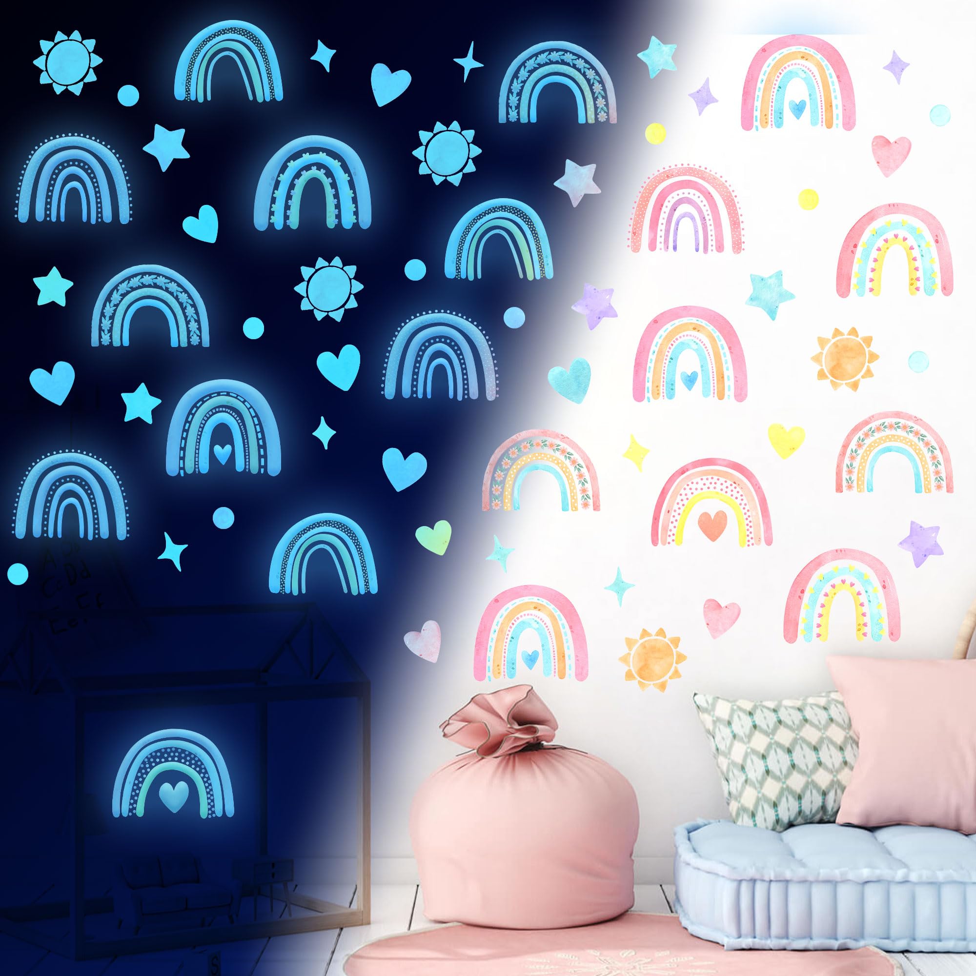 Glow in The Dark Rainbow Wall Stickers Boho Wall Art Stickers Girls Wall Stickers Glow in The Dark for Kids Girls Boys Bedroom Living Room Wall Decor