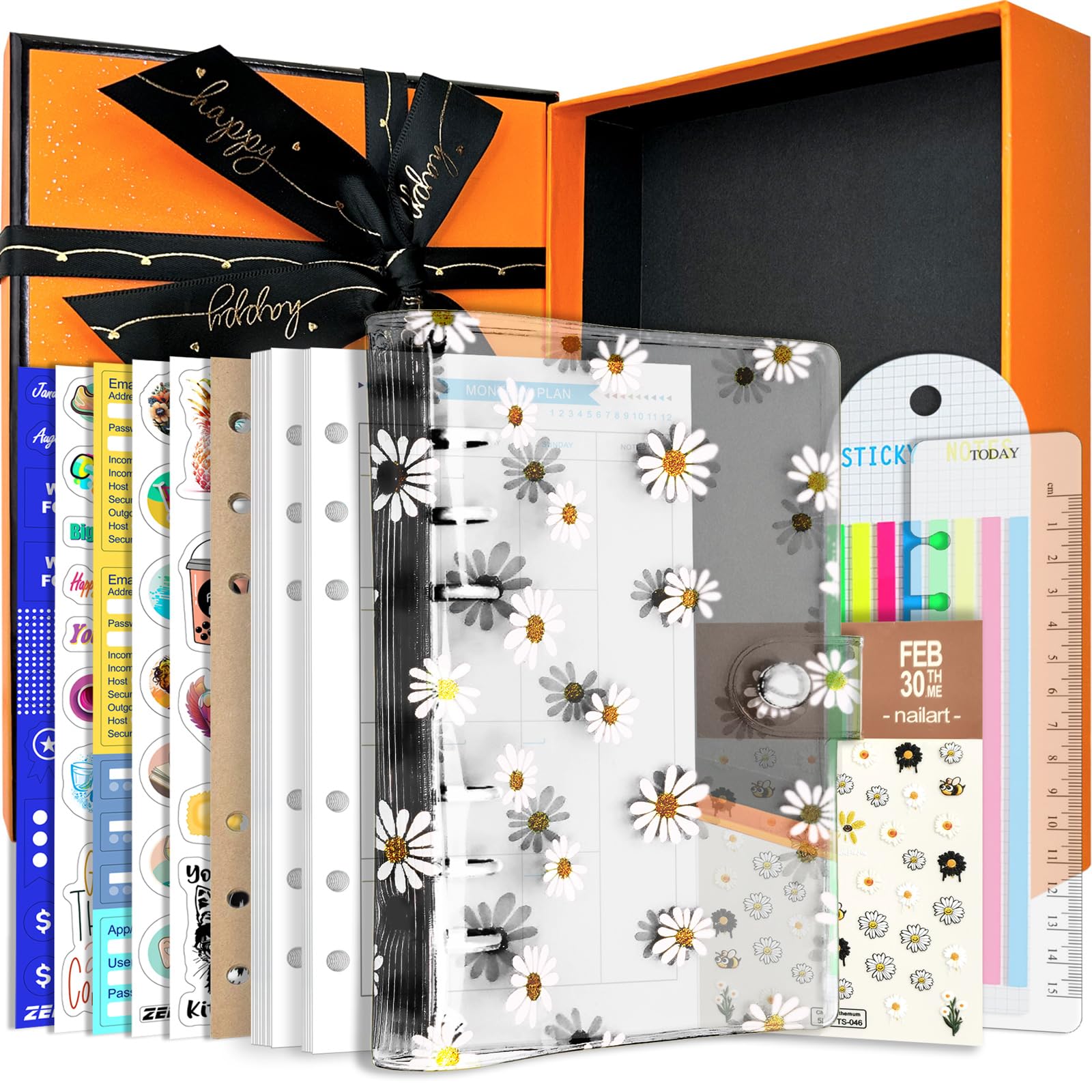 A6 6-Holes Colorful PVC Cover Round Ring View Binder with Snap Button Closure File Folder(Daisy, A6 Gift Box)