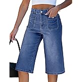 luvamia Capri Jeans for Women Wide Leg Trendy High Waisted Patch Pocket Loose Straight Casual Stretchy Denim Capri Pants