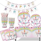 Unicorn Birthday Decorations for Girls - 82 Pcs Rainbow Unicorn Party Supplies include Disposable Tableware, Tablecloths and Banners, Pink Floral Birthday Party Decor Serves 16