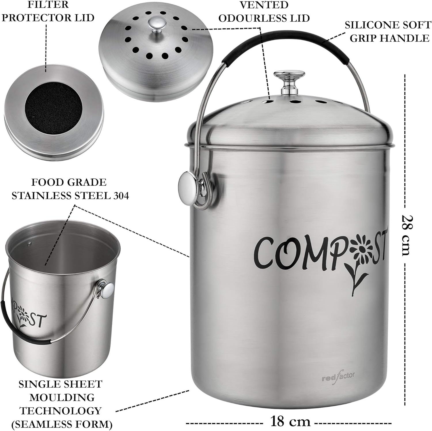 RED FACTOR Deluxe Compost Bin for Kitchen Worktop, Stainless Steel Food Waste Caddy with Innovative Dual Filter Technology - Image 5