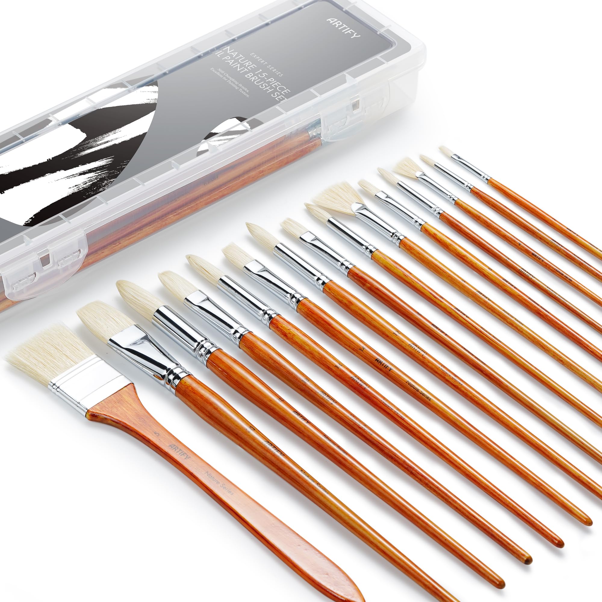 ARTIFY 15 Pieces Professional Natural Chungking Bristle Oil Paint Brush Set, Long and Heavy Handle, Perfect for Oil and Acrylic Painting