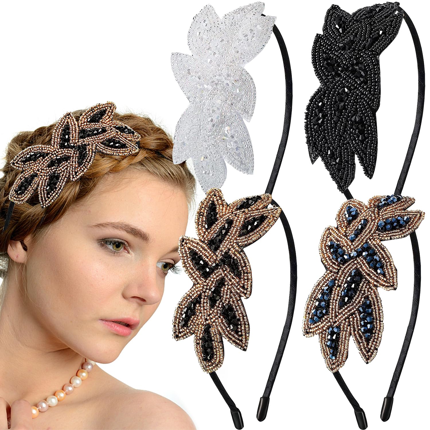 4 PCS 1920's Flapper Headband,Leaf Beaded Headbands Elegant Crystal Headbands 1920s Vintage Accessories for Women