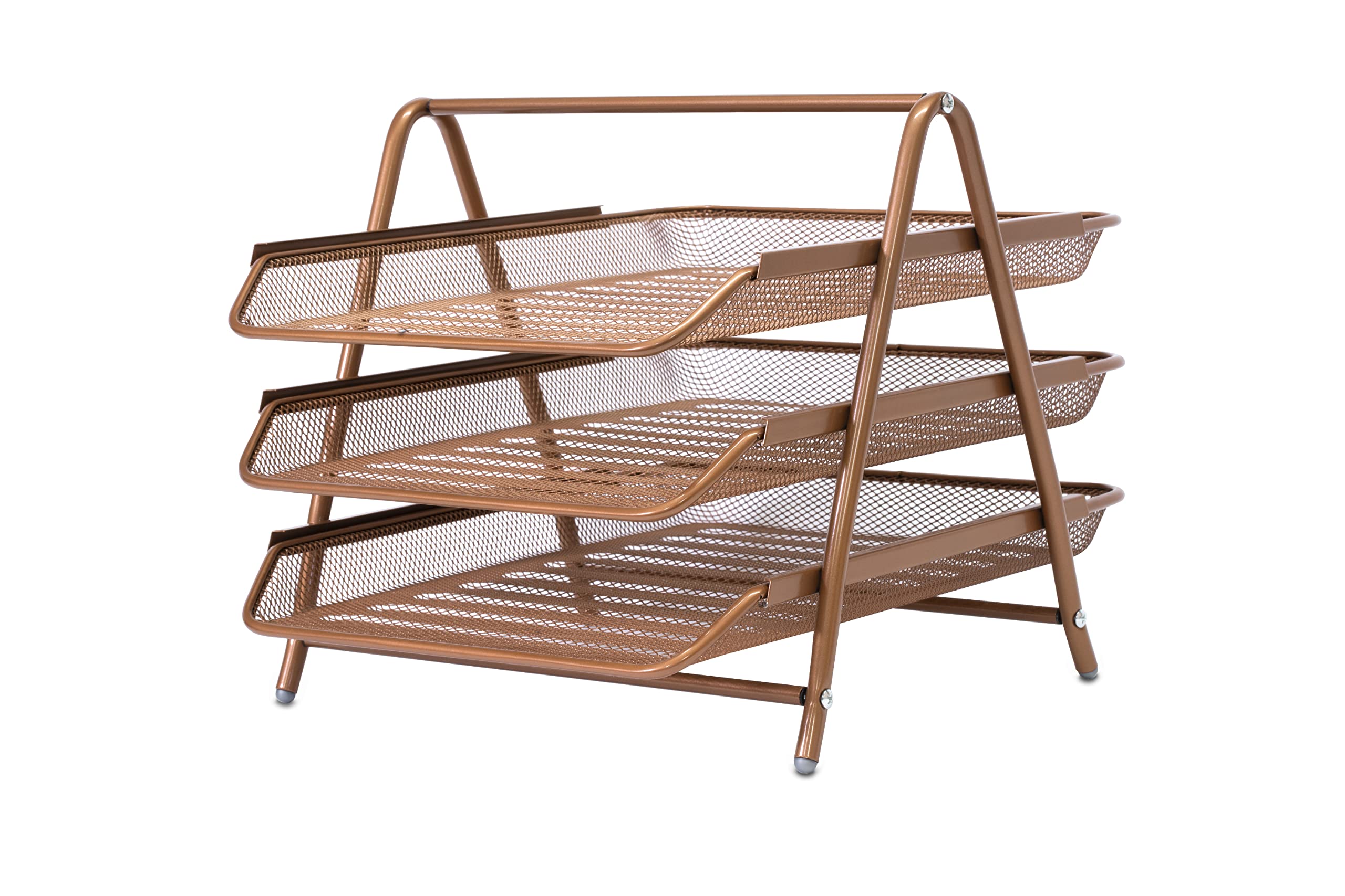 OSCO 3 Tier Wire Mesh Letter Tray Desk Organiser, Steel Mesh Paper Filing Magazine Rack, A4 & Foolscap Document Sorter for Office & Home, Easy Assembly, Durable & Space-Saving, Rosegold