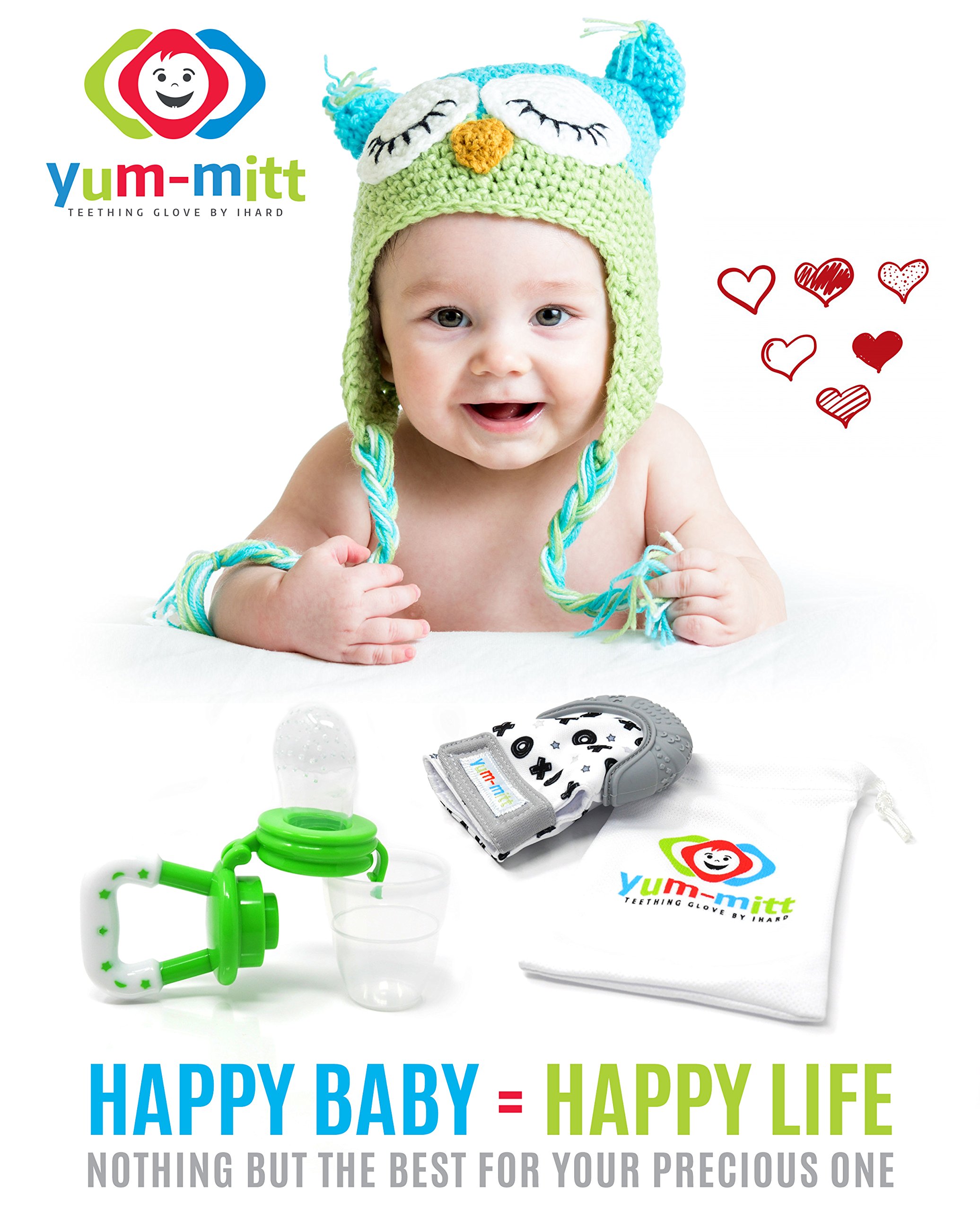 Teething Mitten for Babies with Fruit Feeder Pacifier - Baby Teething Toys for Self Soothing Gum Pain Relief. Infant Chew Glove Teether Mittens with Hygienic Travel Bag - Mitts for Boy or Girl (Grey)