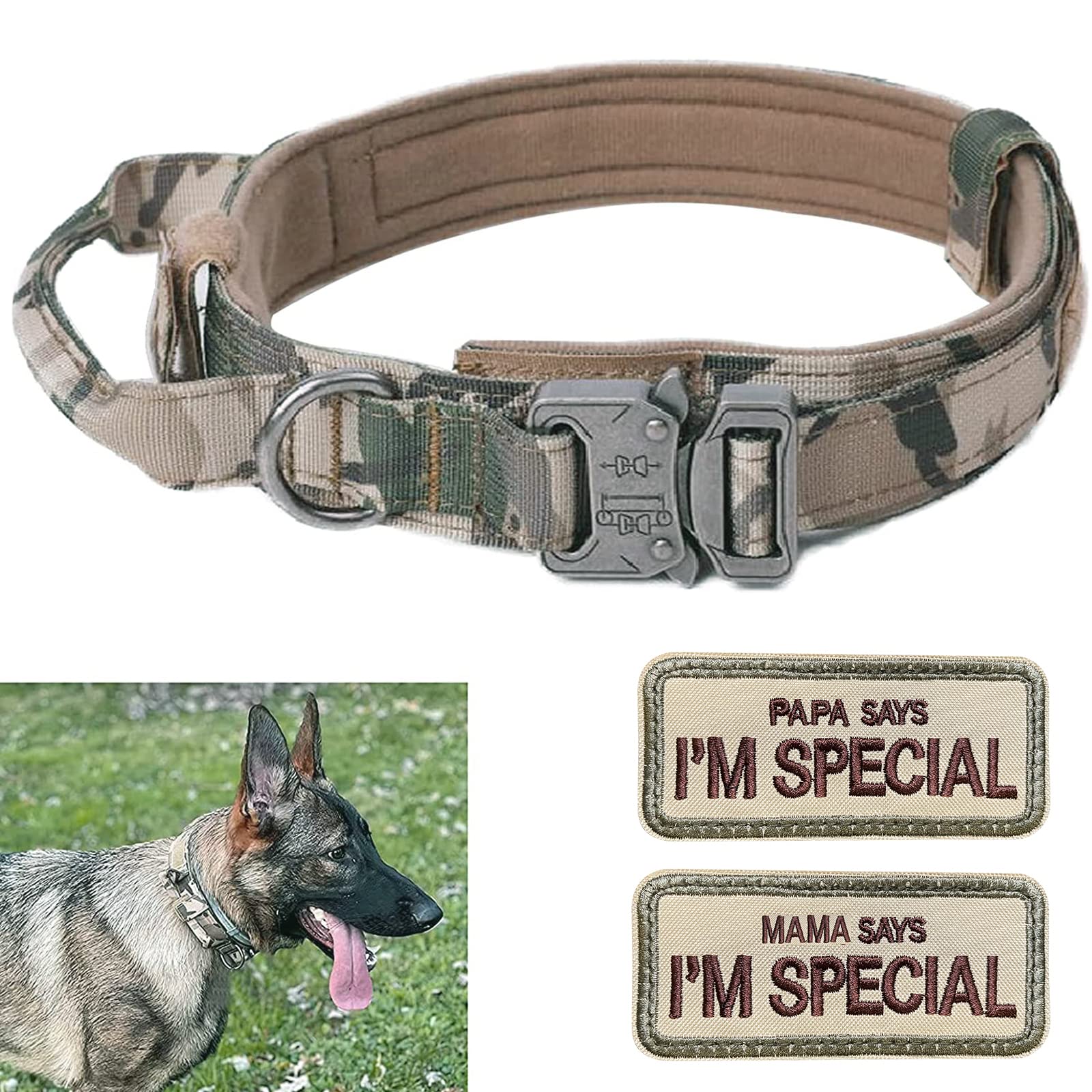 Tactical Dog Collar for Large, Medium Dog, Military Dog Collar Heavy Duty With 2 Patch, L （18"-21.5"）,Gray