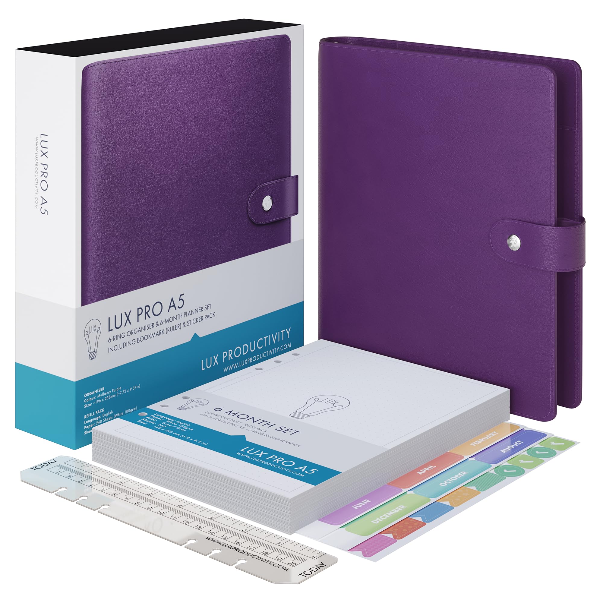 LUX PRO A5 - Daily Planner & appointment diary - Gratitude journal, wellness journal & UNDATED weekly planners and organisers - Desk journals for women & men - LUX Productivity (Purple Mulberry)