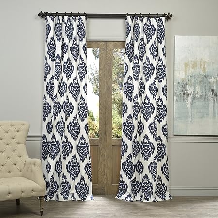 Half Price Drapes Ikat Blue Printed Cotton Curtain 50 X 96