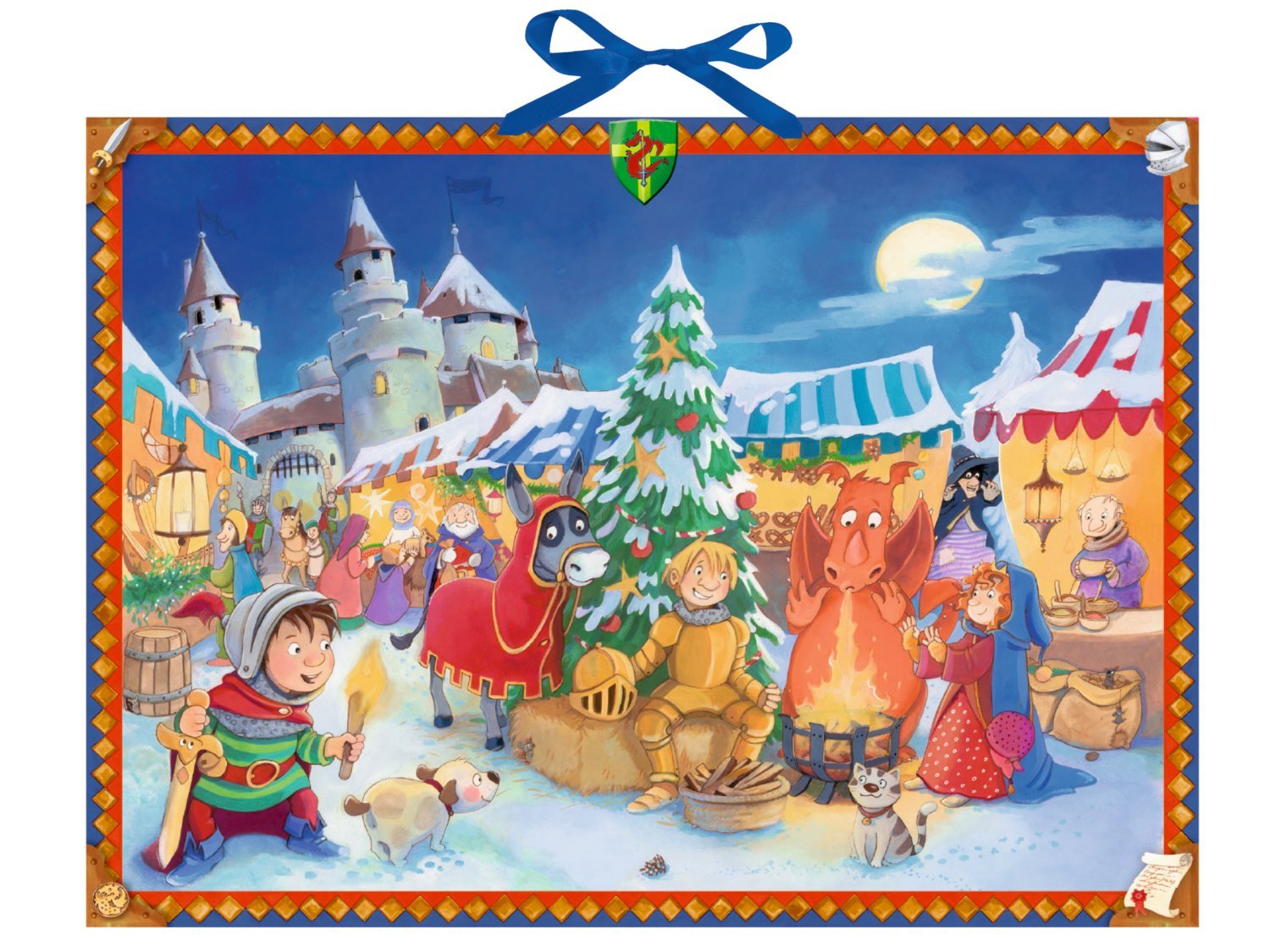 Advent at The Knights Castle Extra Large Traditional German Advent Calendar 52 cm Wide x 38 cm Silver Foil Embossed Ribbon