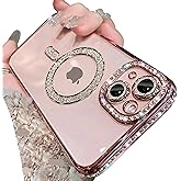 Doulings Magnetic Glitter Diamond for iPhone 15 Plus Case[Compatible with MagSafe] Sparkle Rhinestone Camera Lens Protector Plated,Crtstal Clear Slim Military Drop Shockproof Cover for Women,Pink