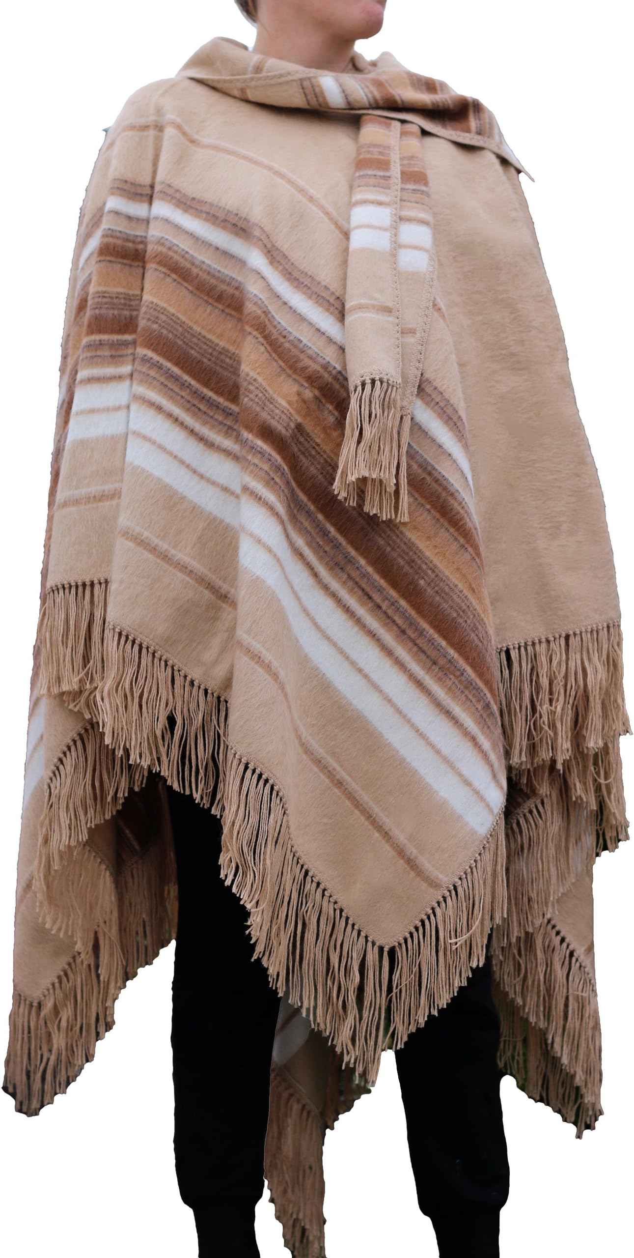 TINKUY PERU - 100% Peruvian Alpaca Wool - Cape Ruana Poncho Wrap w/Scarf & Beanie (Beige)
