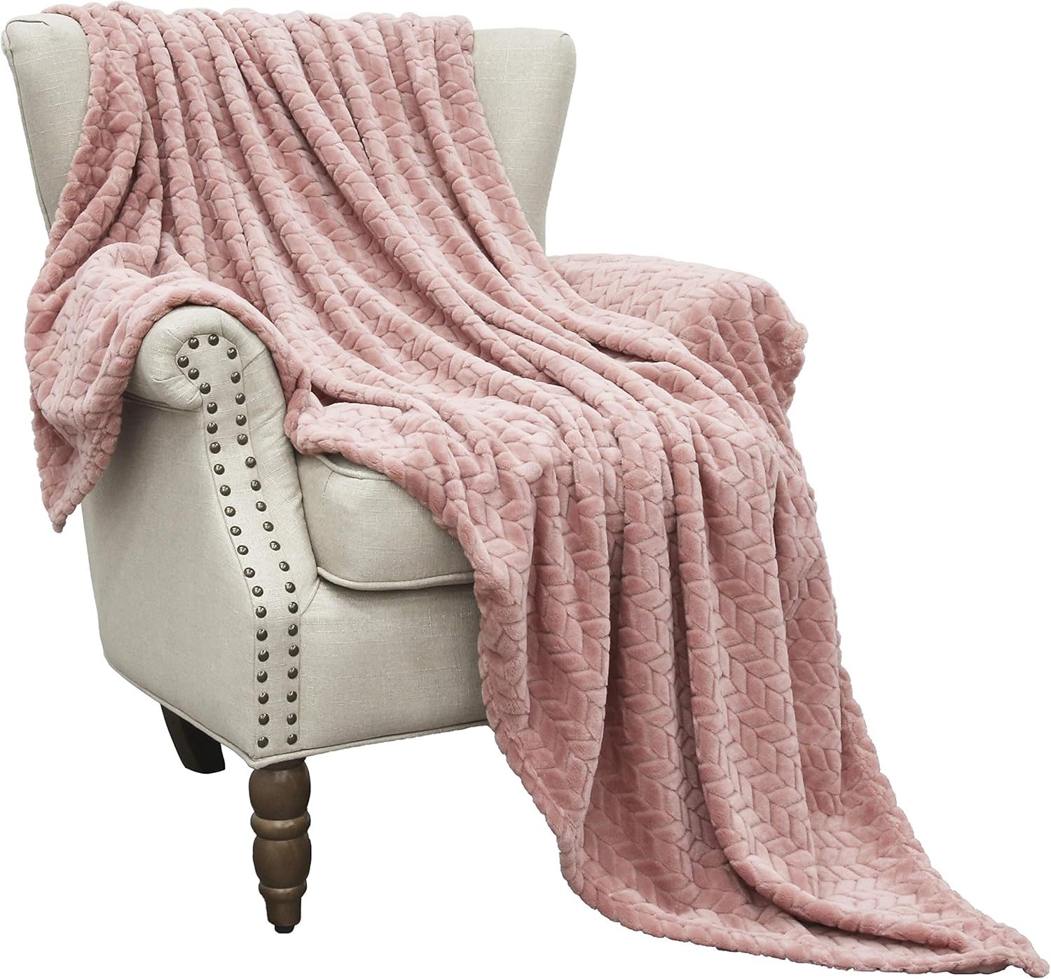 Exclusivo Mezcla Large Flannel Fleece Throw Blanket, Jacquard Weave Leaves Pattern (50" x 70", Pink) - Soft, Warm, Lightweight and Decorative: Home & Kitchen